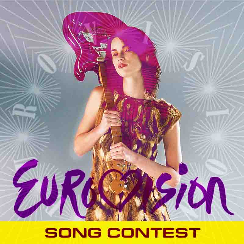 Eine Musikerin posiert mit einer E-Gitarre vor dem offiziellen Eurovision Song Contest Logo. Das Design kombiniert moderne Pop-Ästhetik mit einem strahlenförmigen Hintergrund und violetten Farbakzenten.