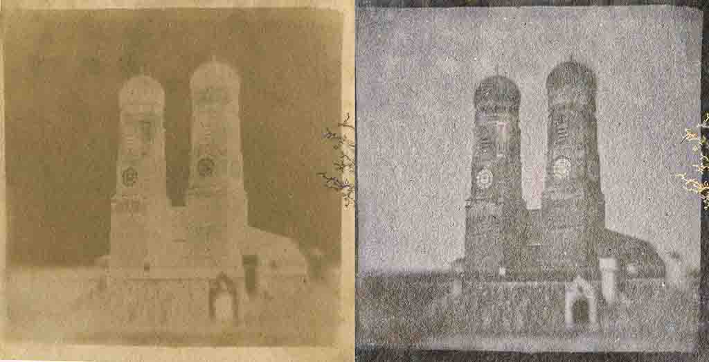 Historische Aufnahme der Münchner Frauenkirche von Franz von Kobell aus dem Jahr 1837: Links das originale 4 x 4 cm große Salzpapier-Negativ in Sepia, rechts die von Jans Bock-Schroeder invertierte und nachgeschärfte Positivversion.