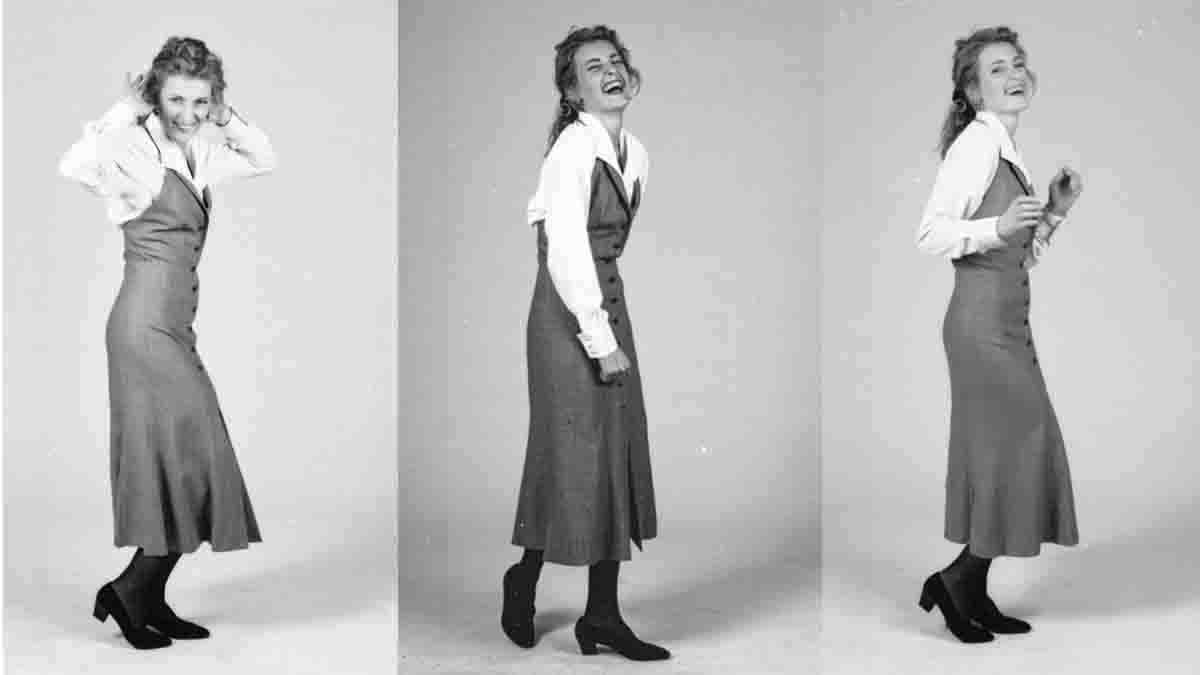 Seltene Schwarz-Weiß-Aufnahmen einer jungen Maria Furtwängler in verschiedenen fröhlichen Posen in einem langes Kleid über einer weißen Bluse