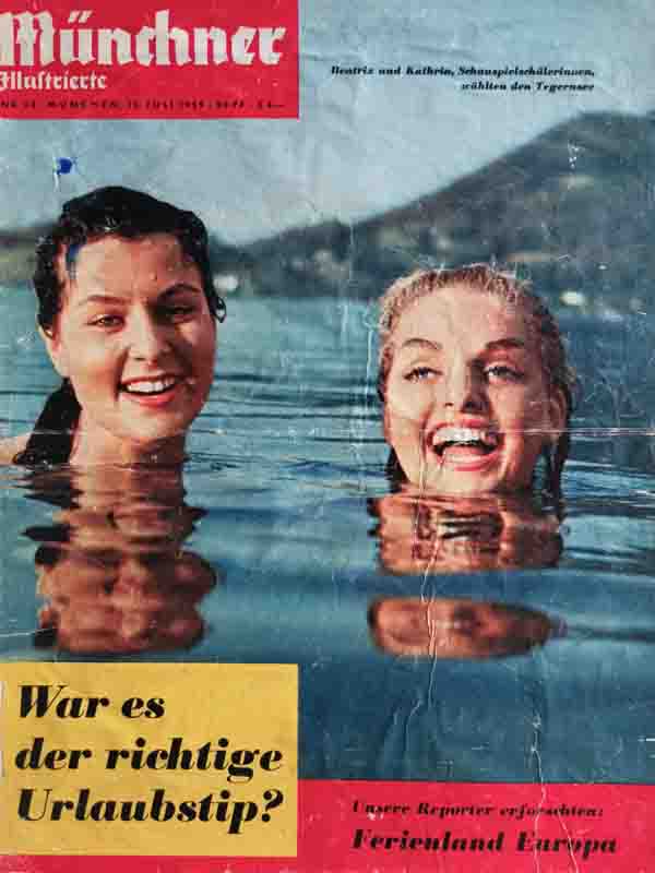 Titelblatt der „Münchner Illustrierte“ vom 25. Juli 1959 mit zwei lächelnden jungen Frauen im Wasser des Tegernsees.