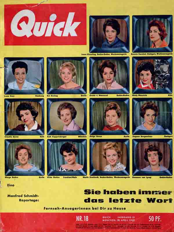 Titelblatt der Zeitschrift „Quick“ Nummer 18 vom 30. April 1960 mit einer Collage aus 14 Porträts deutscher Fernsehansagerinnen in fernsehschirmförmigen Rahmen.