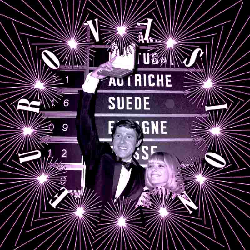 Collage mit Eurovision Standbild undUdo Jürgens, der jubelnd die Siegertrophäe des Grand Prix Eurovision 1966 hochhält, im Hintergrund die Punktetafel mit der Aufschrift Autriche.